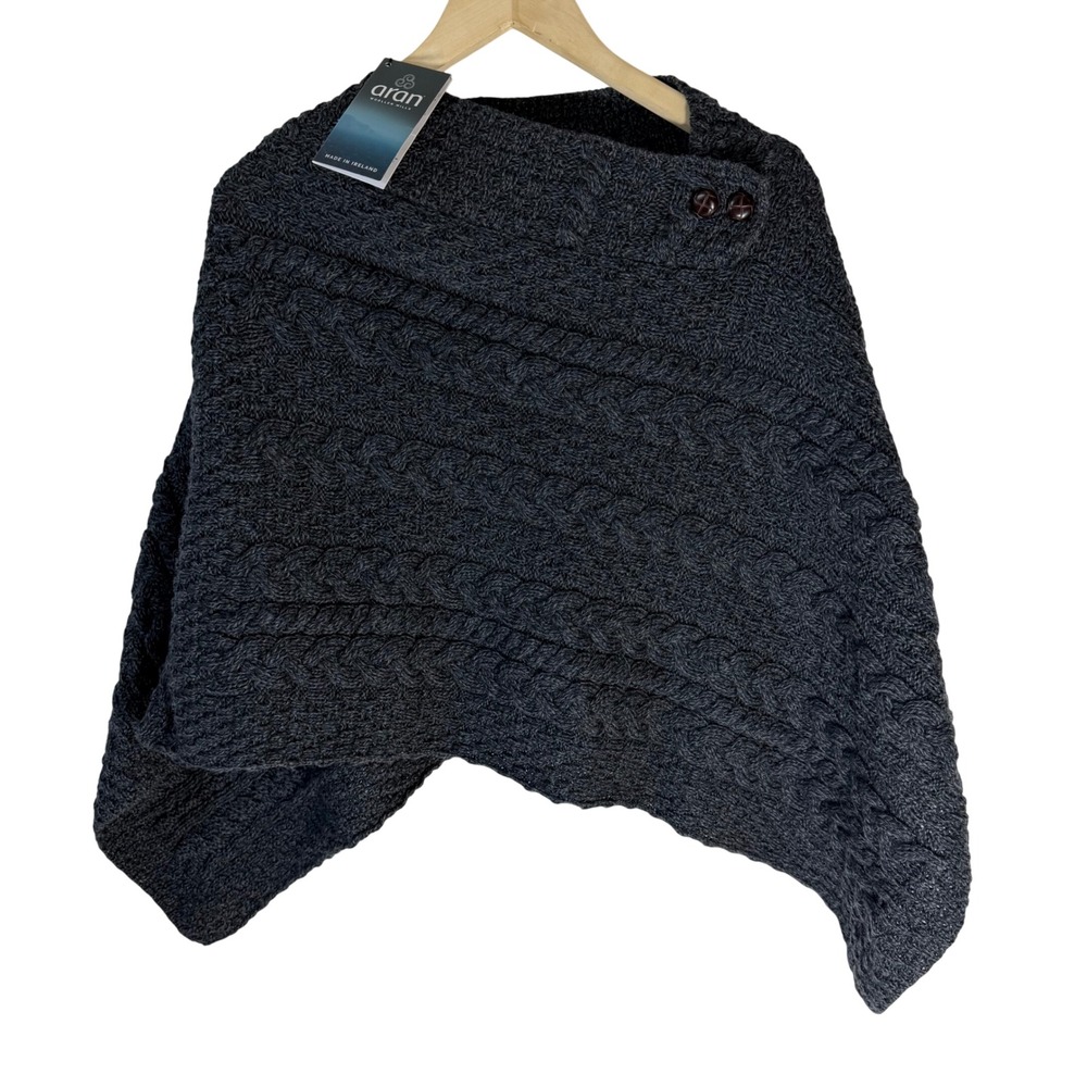 Aran Woollen Mills Charcoal Grey 100% Merino Wool‎ Button Poncho Made in Ireland